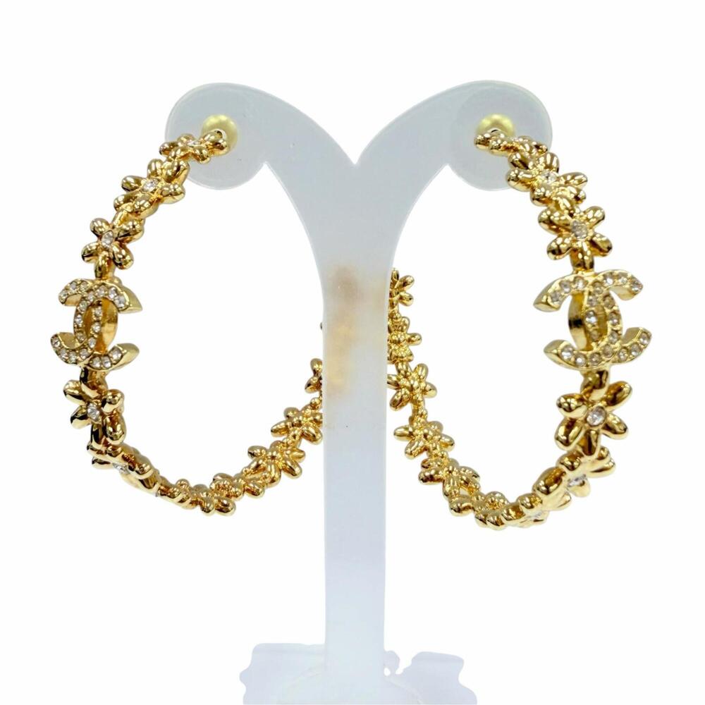 CHANEL I32A Coco Mark Flower Rhinestone Hoop Earrings, Gold, Made in Italy, W...